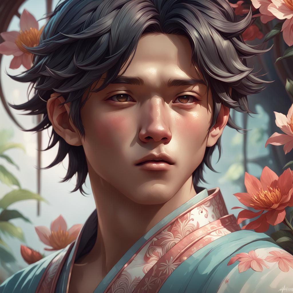 Beautiful Asian Flower Boy Portrait in Artstation Style