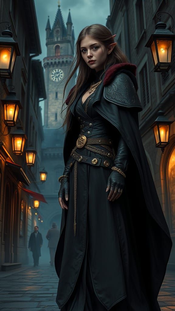 Steampunk Elf Maiden in Foggy City Streets