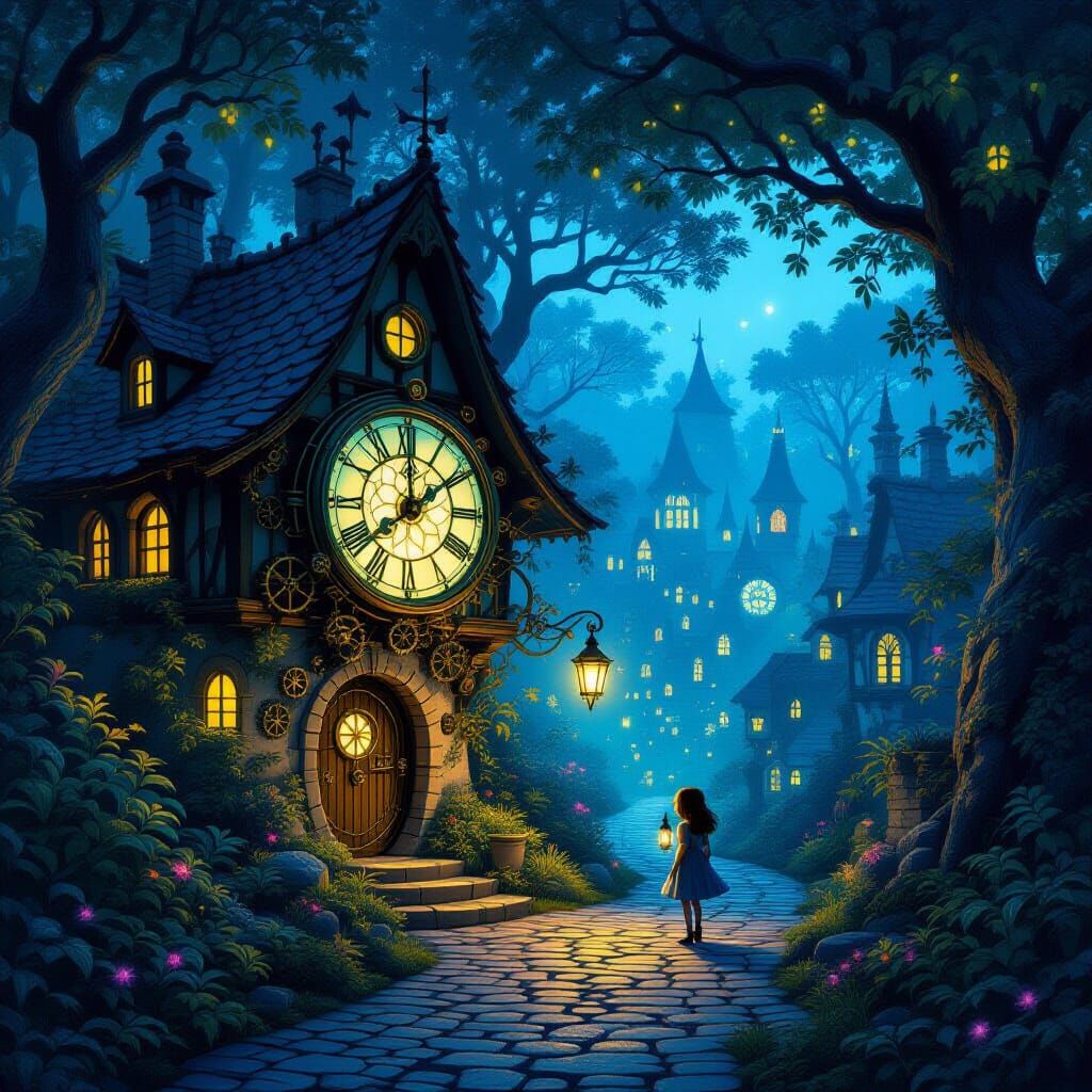 Enchanting Clockwork Town in Bioluminescent Forest