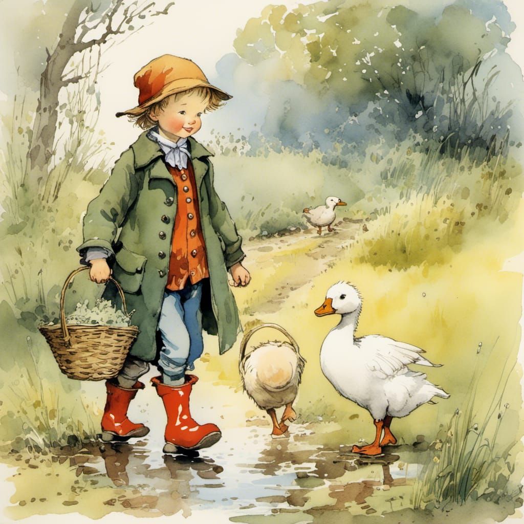 Boy and Goose Walk, Illustrated Style