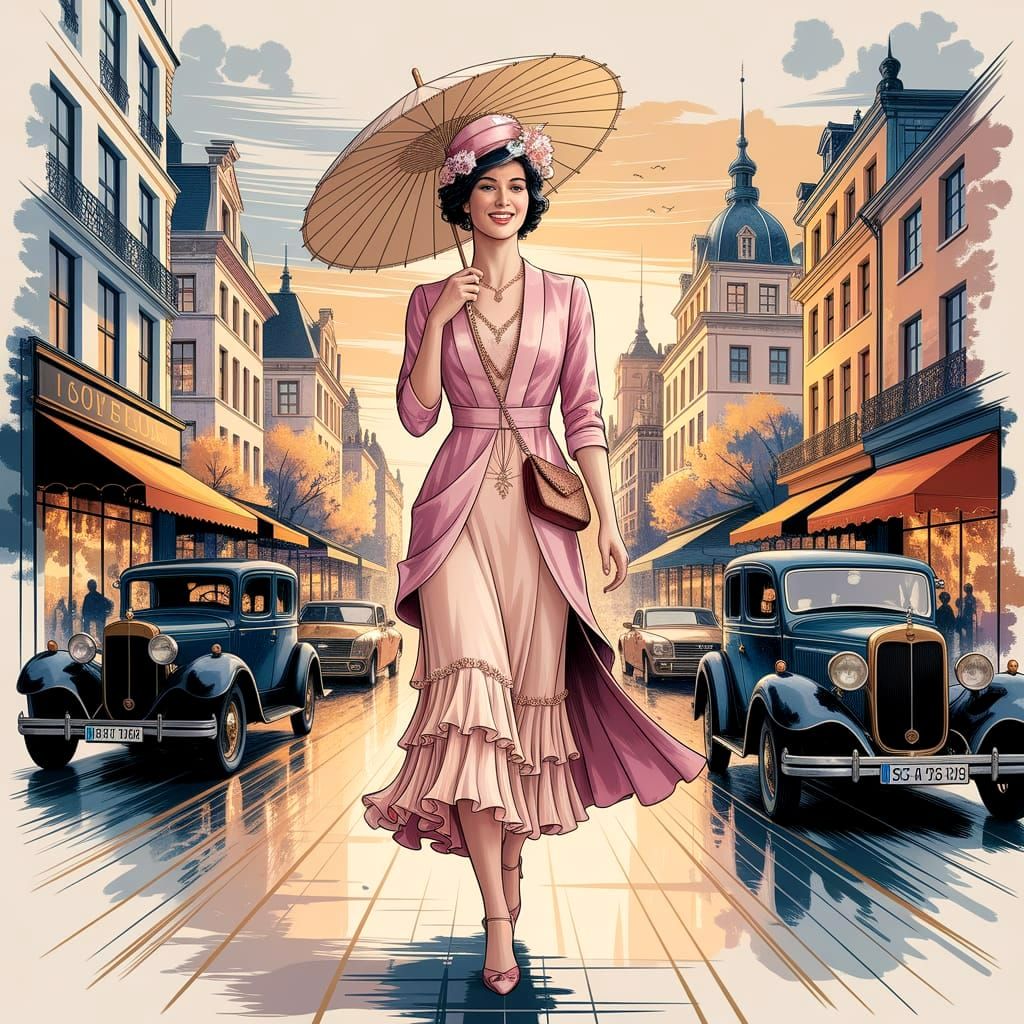 Elegant Woman in Art Deco Cityscape with Sunrise Glow