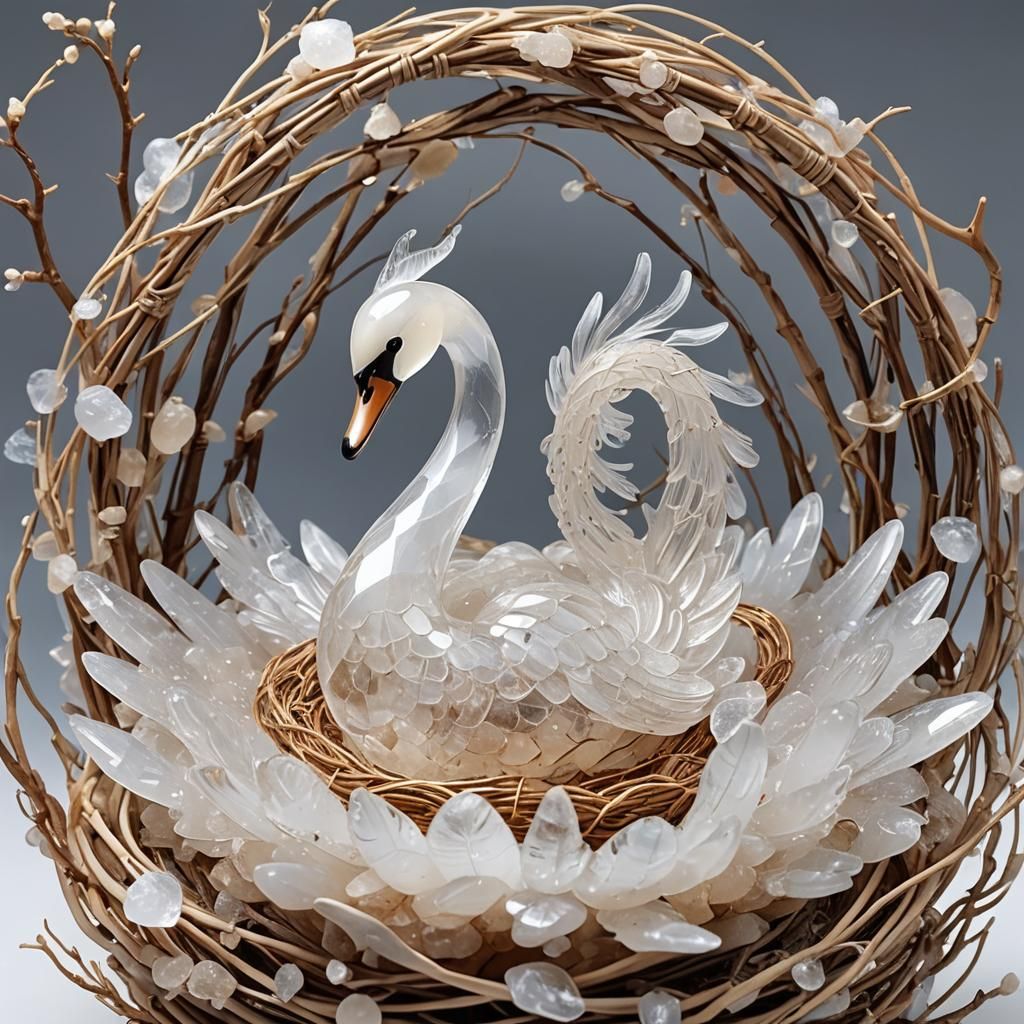 Translucent Quartz Swan in Woven Nest