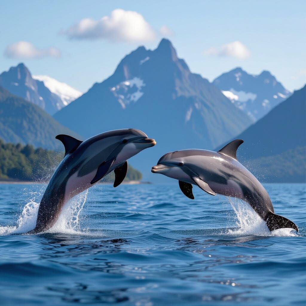 Grey and Pink Dolphins Leap from Ocean Before Majestic Mount...