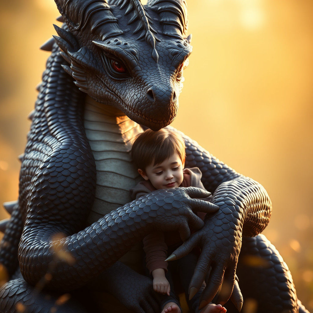 Dragon Hugs Boy: Tender Moment in Golden Light