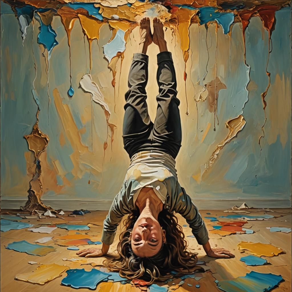 Surreal Impasto Painting of Figure in Headstand