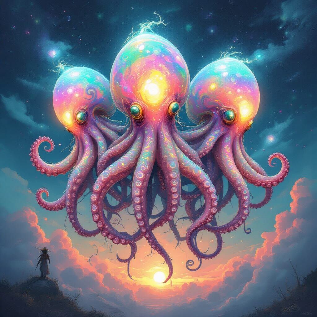 Iridescent Celestial Cephalopods in Ethereal Space