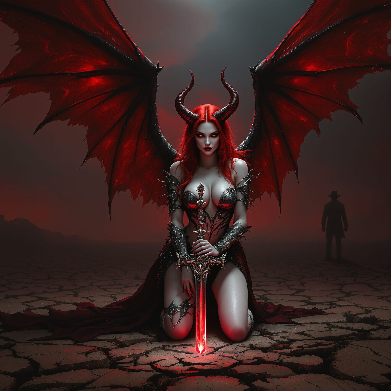 Victorious Demoness with Crimson Wings and Ornate Armor
