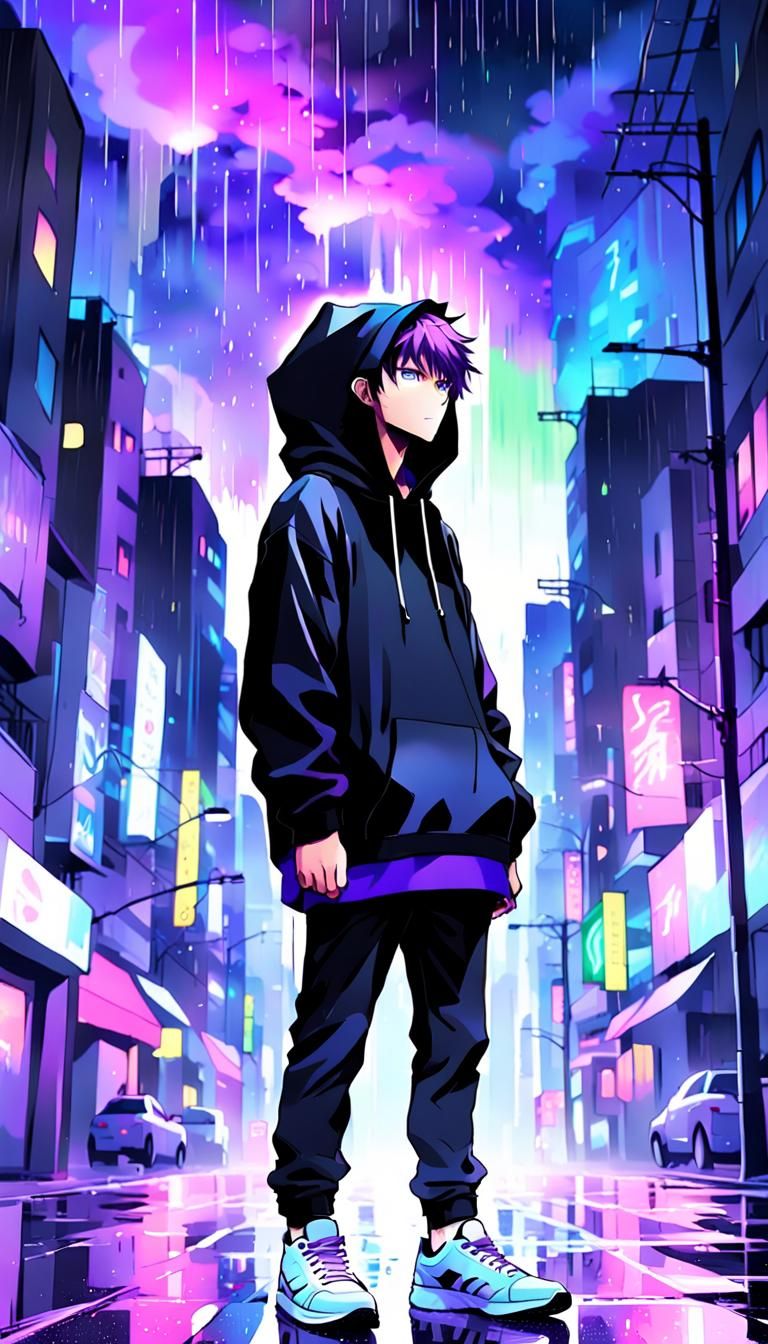 Lonely Anime Figure Under Aurora in Rainy City