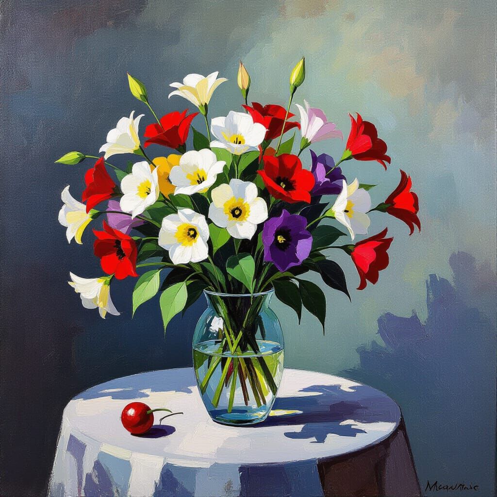 Impressionist Lilac Painting in Circular Vase