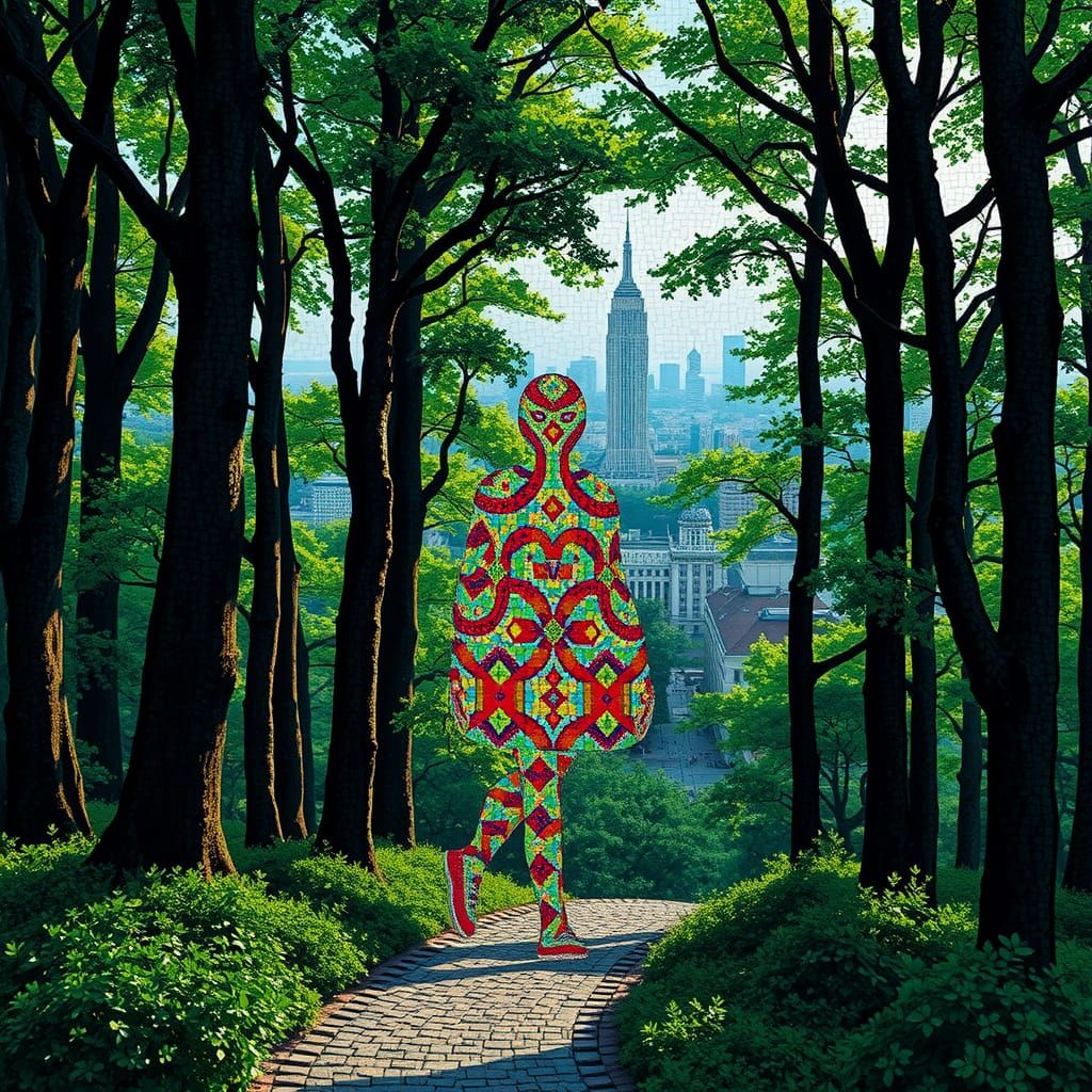Mosaic Figure in Emerald Forest Cityscape