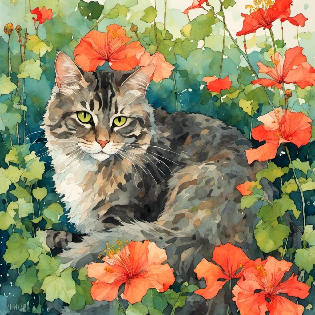 Tabby Cat Resting Under Hibiscus Bush