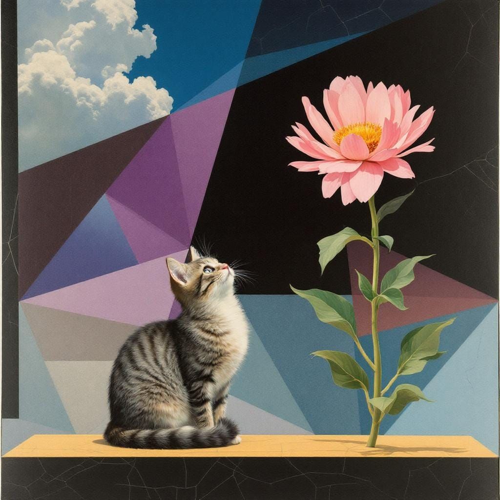 Surreal Geometric Cat Collage in Mixed Media Style