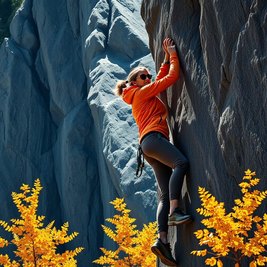 Surreal Rock Climber in Vibrant Autumn Landscape