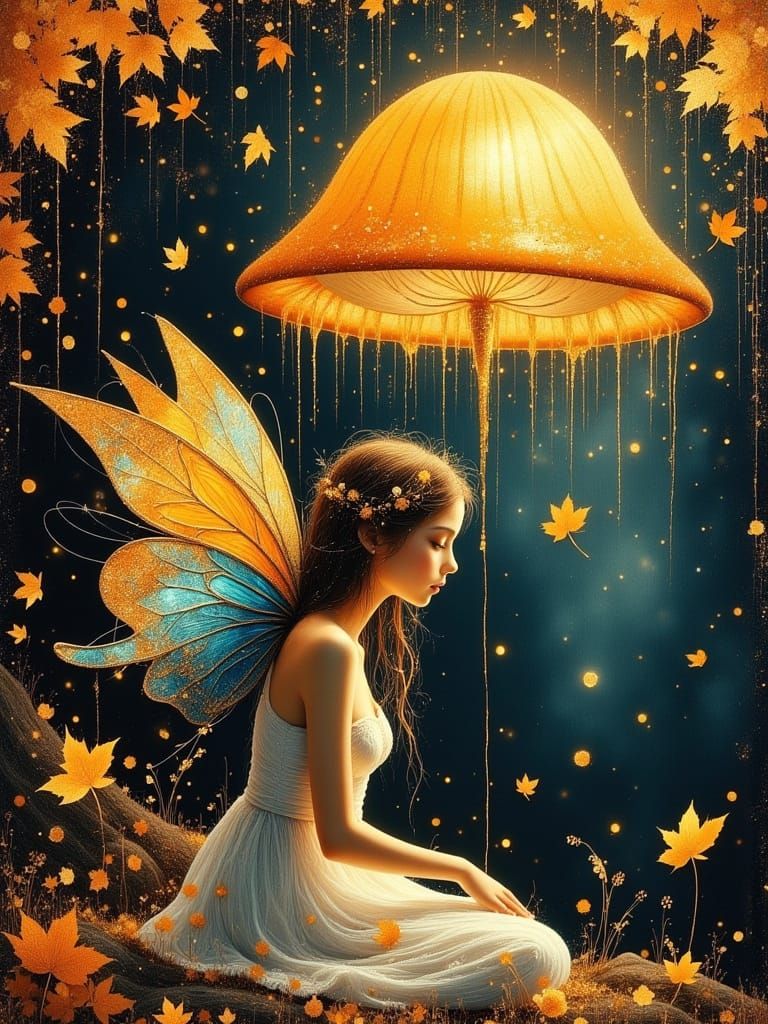 Gothic Fairy Contemplating Giant Mushroom in Baroque Oil Pai...