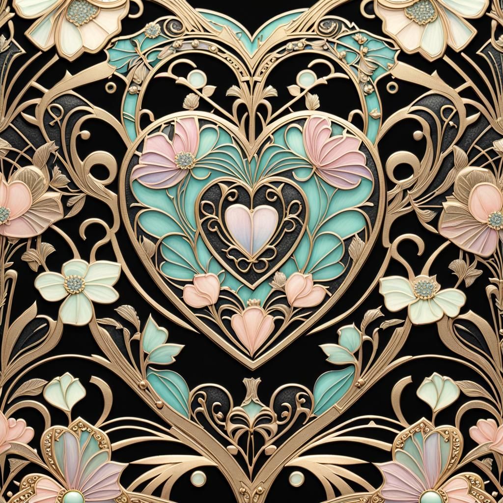 Art Deco Heart with Flowers and Bronze Details