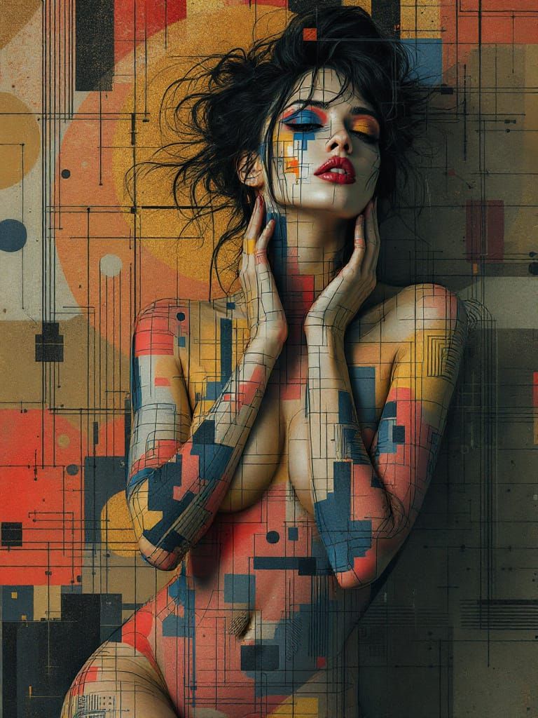 Woman Posing Gracefully in Dürer Glitch Art Style