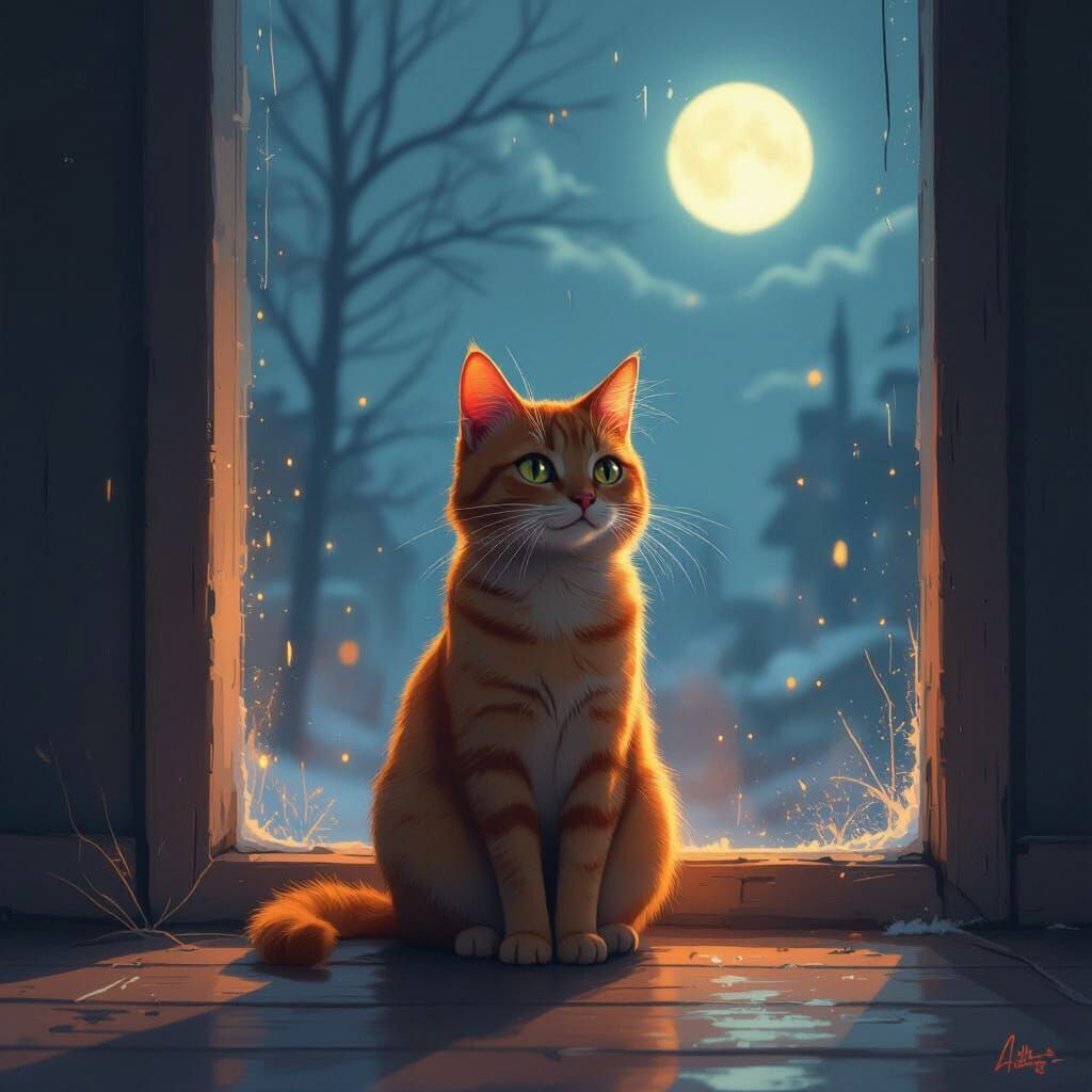 Orange Cat in Dim Light, Neon Noir Atmosphere