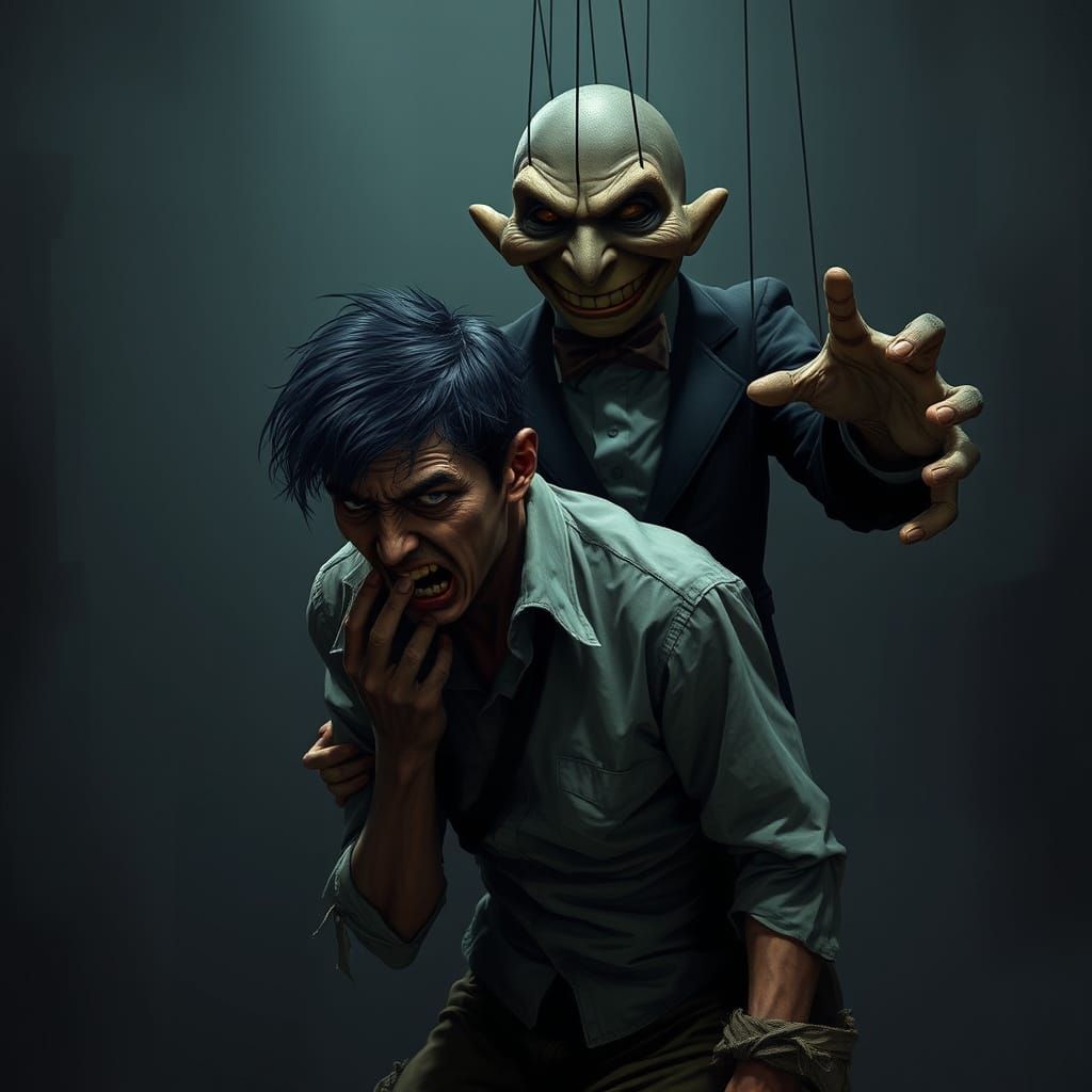 Sinister Puppet Master Controls Terrified Human