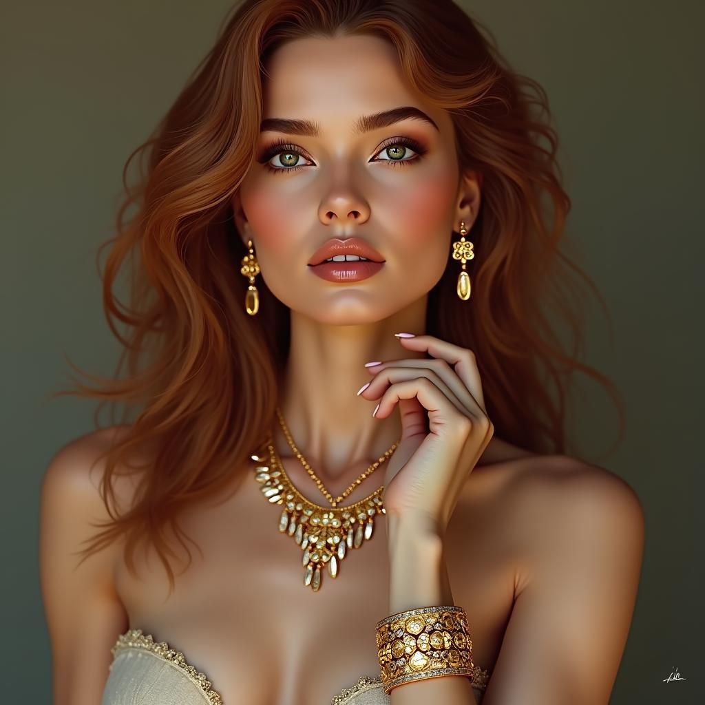 Woman in Gold Jewelry, Hyperrealistic Digital Art