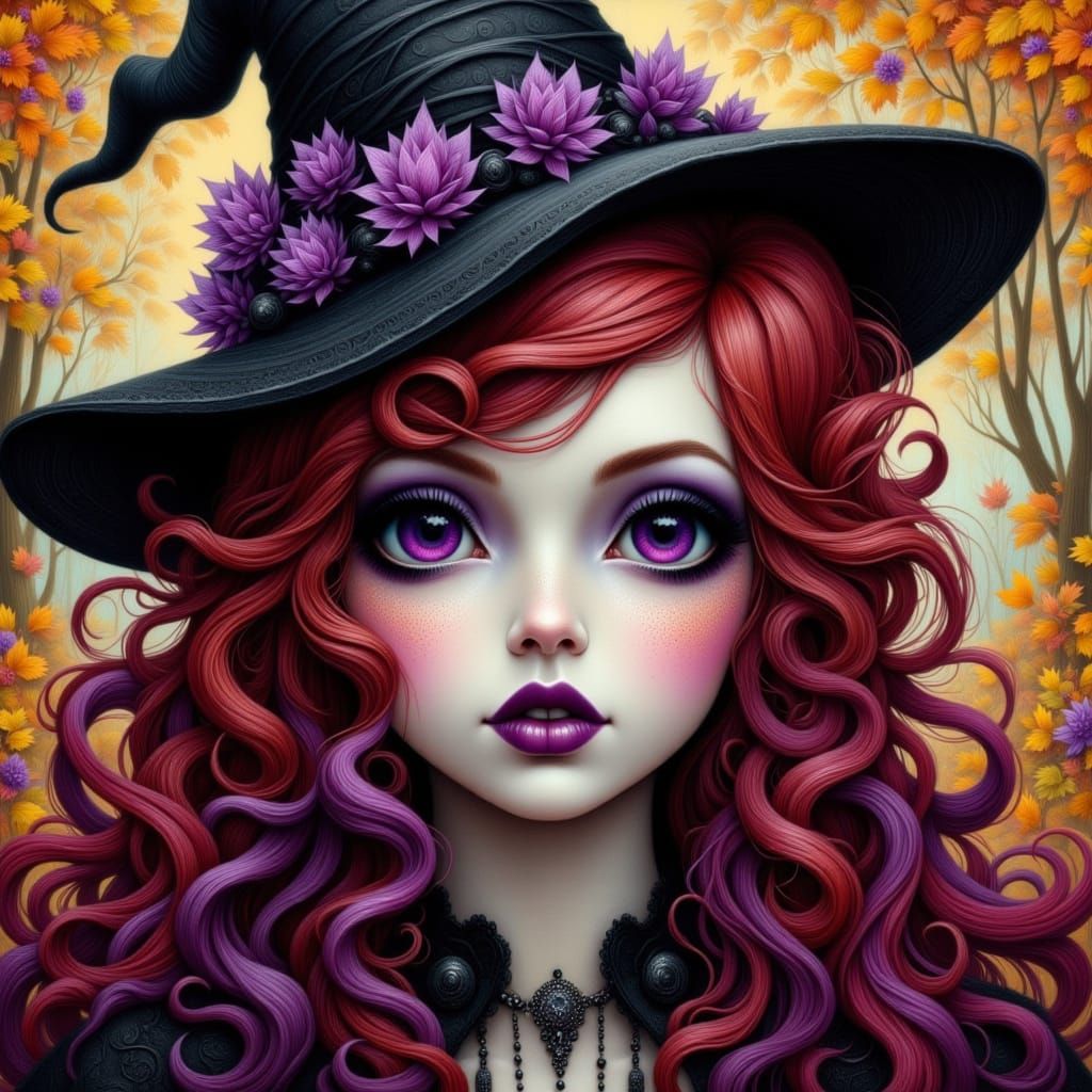 Whimsical Witch Portrait with Autumn Watercolor Background