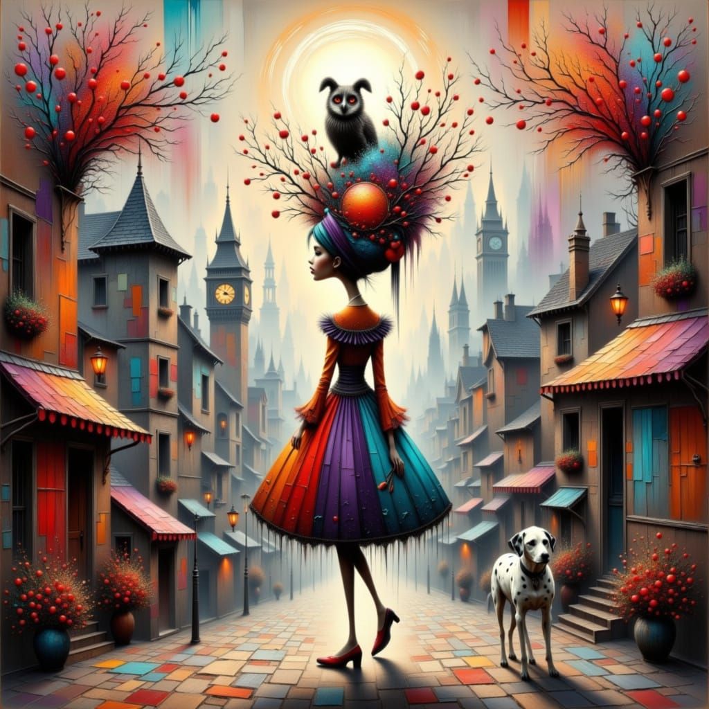 Whimsical Woman with Owl and Dalmatian in Misty City