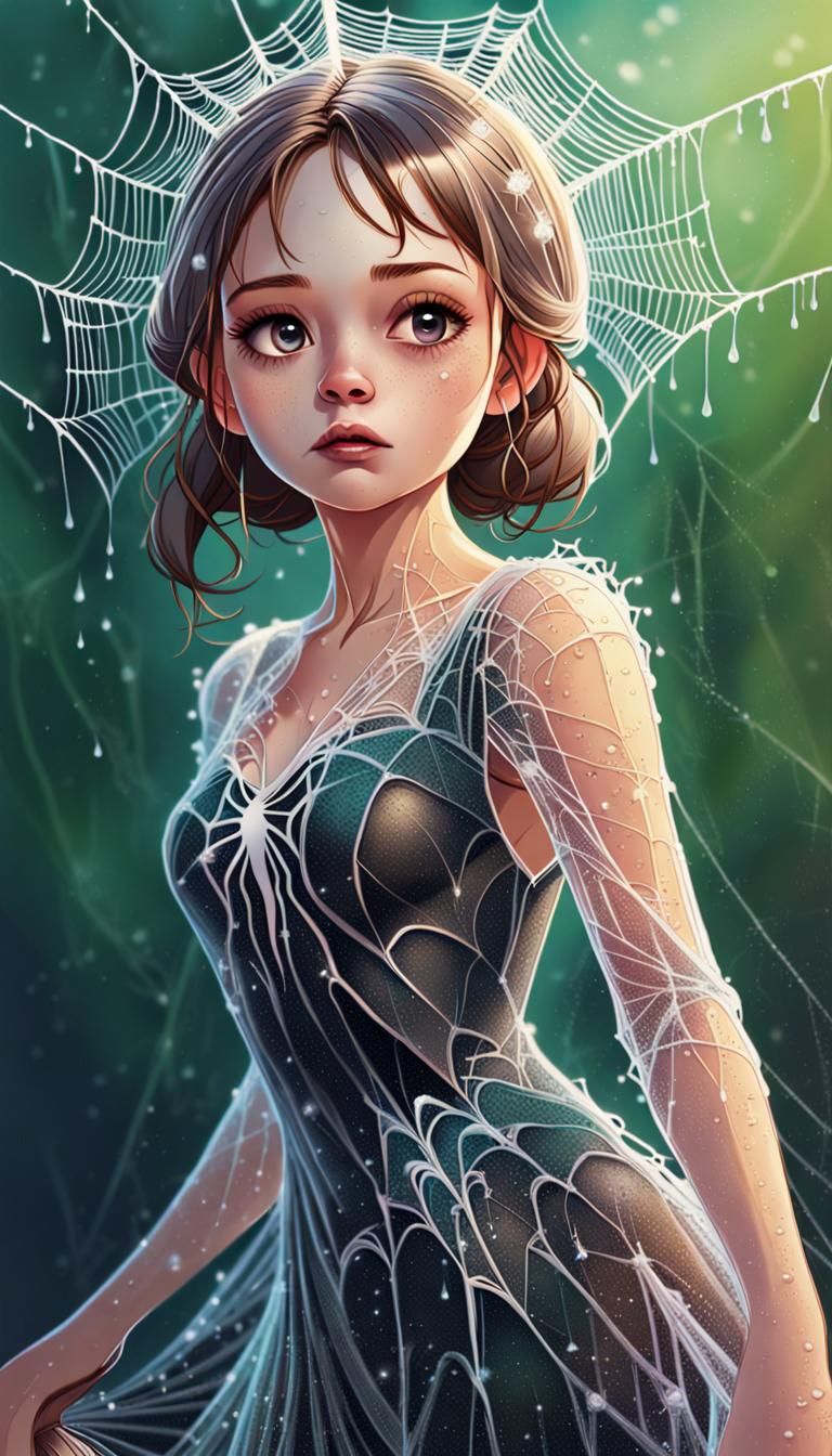 Hyperrealistic Lady in Spiderweb Dress with Dewdrops