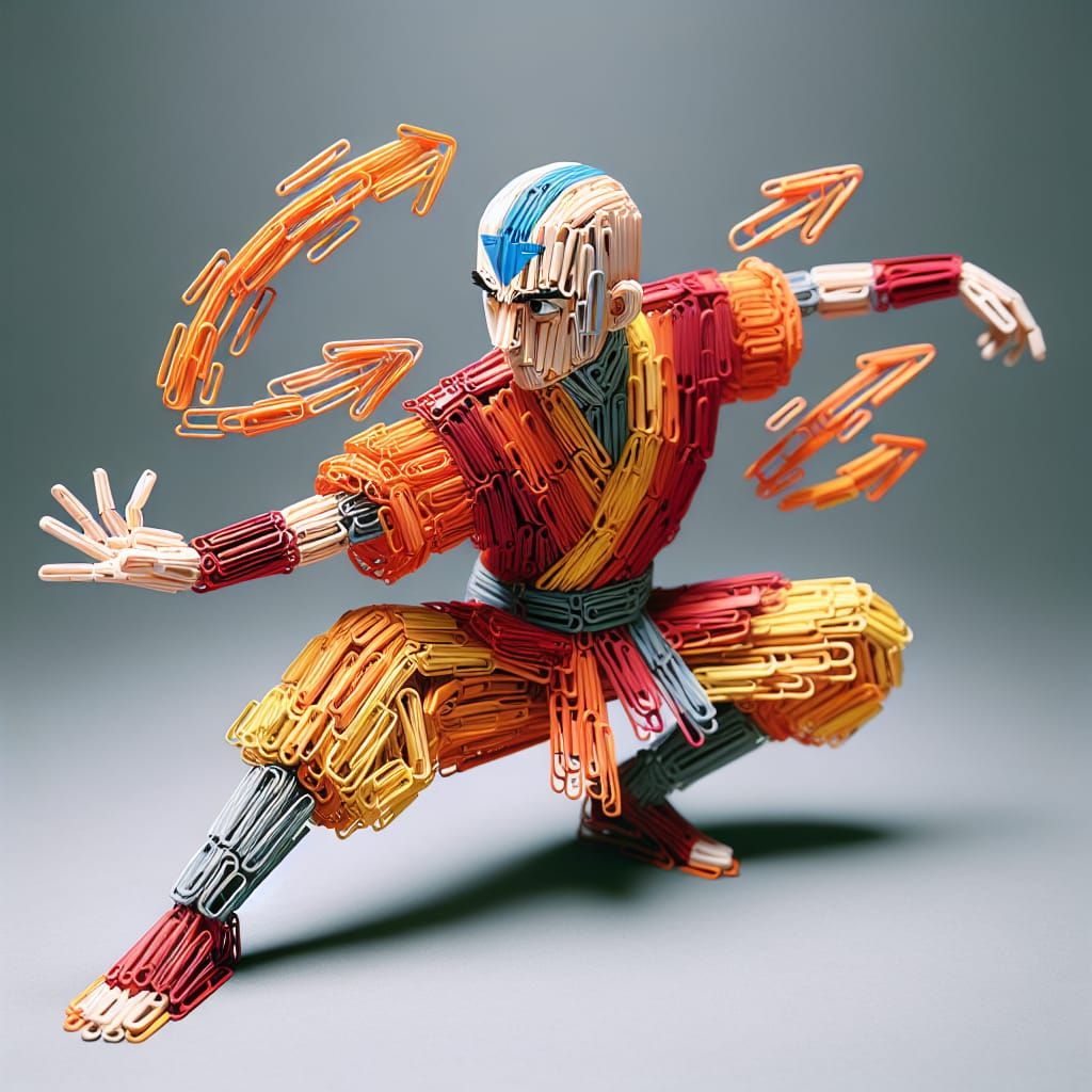 Hyper-Realistic Paper Clip Airbender Monk in Dynamic Pose
