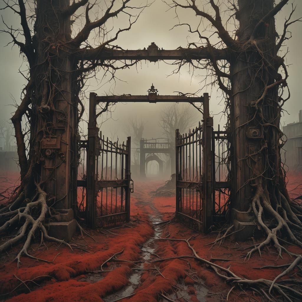 Biomechanical Gate in Gloomy Post-Apocalyptic Farm