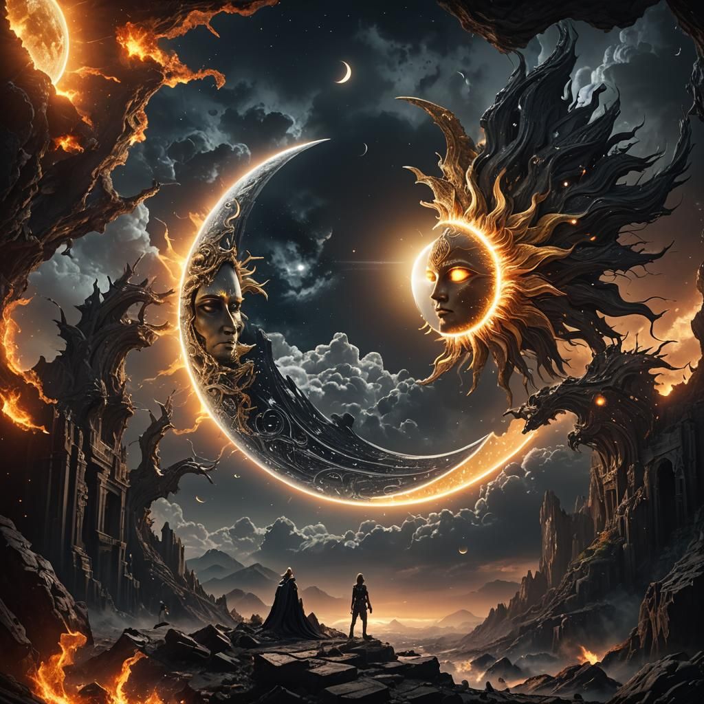 Epic Battle: Sun vs Moon in Digital Painting