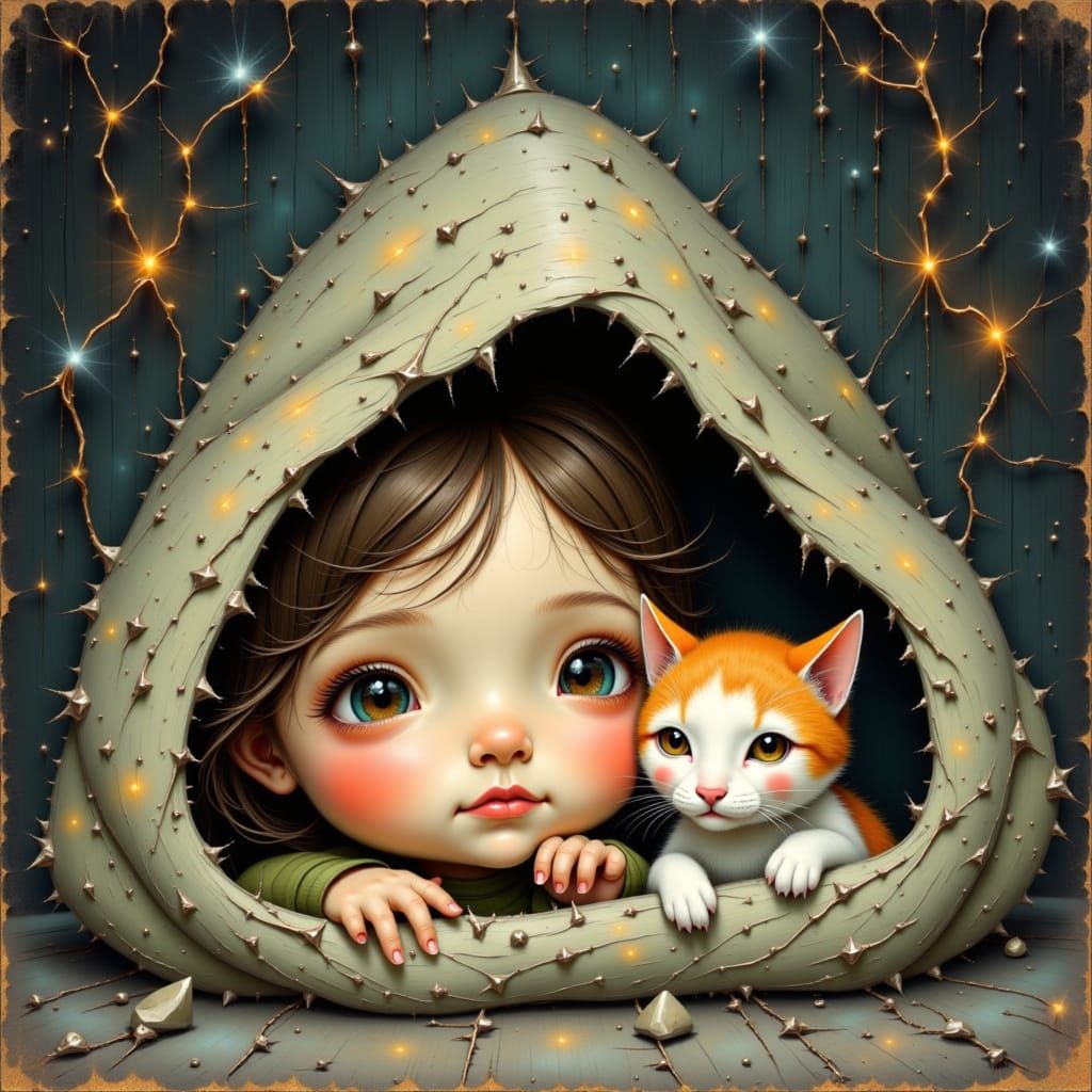 Whimsical Kitten and Girl Seek Shelter from Storm