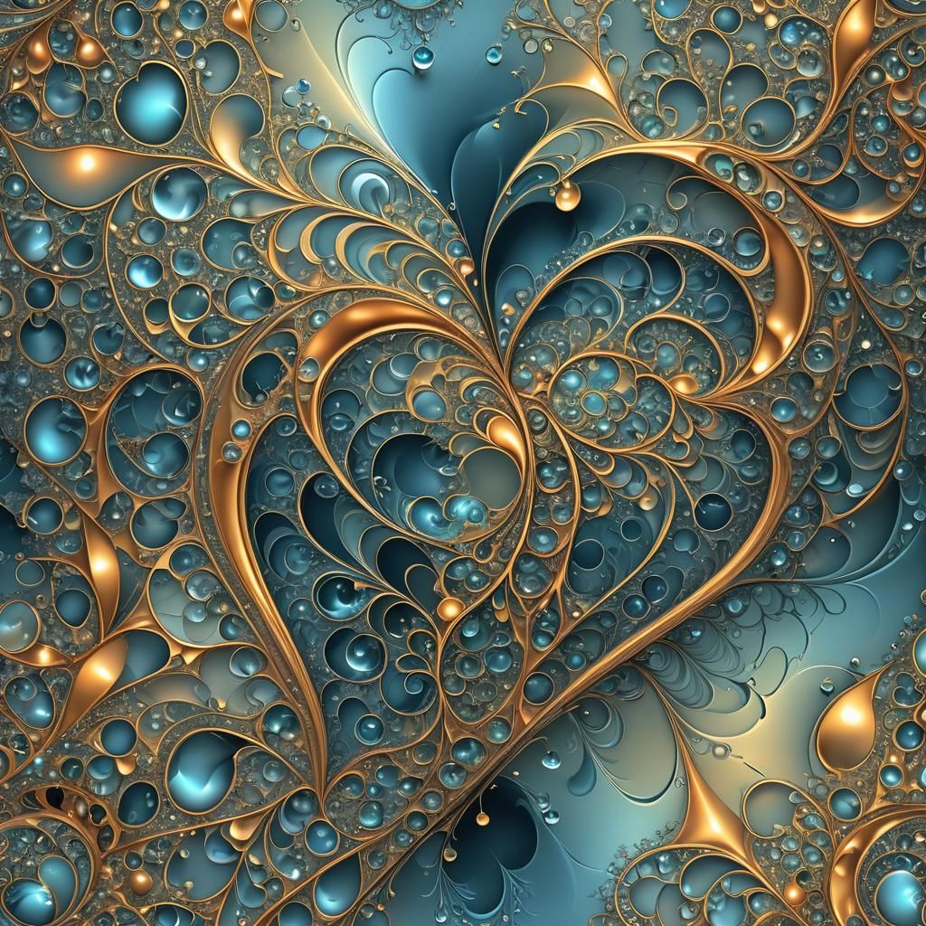 Abstract Fractal Heart with Sparkling Water Droplets