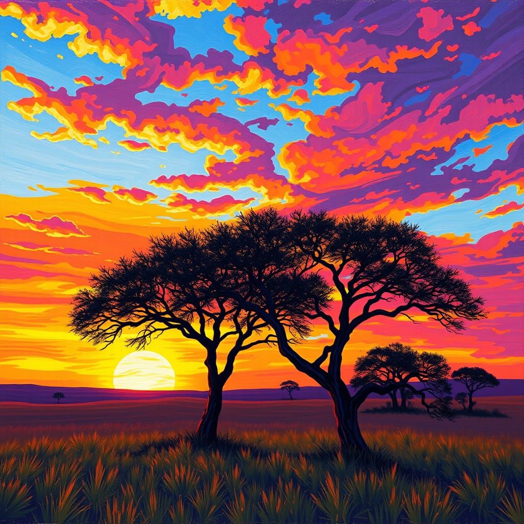 Surreal Savannah Sunset in Neo-Impressionist Style