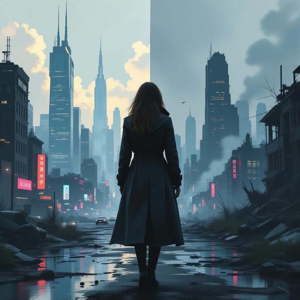 Woman Between Metropolis and Ruin in Dystopian Style
