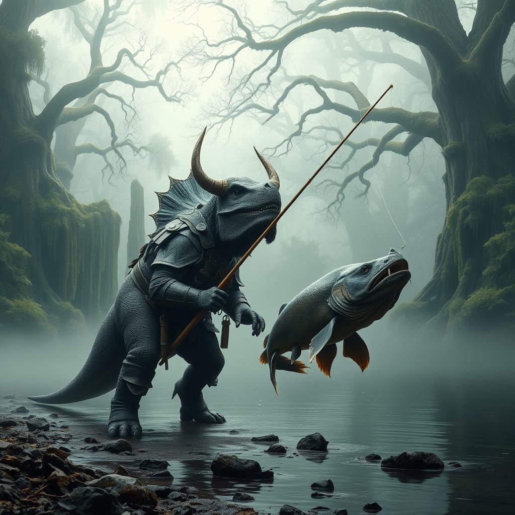 Minotaur Angler Catches Colossal Catfish in Misty Lake