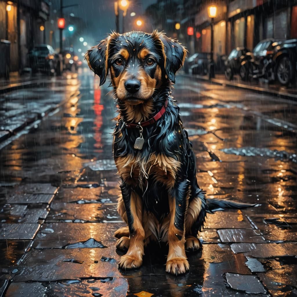 Sad Homeless Puppy in Rainy City: Oil Painting