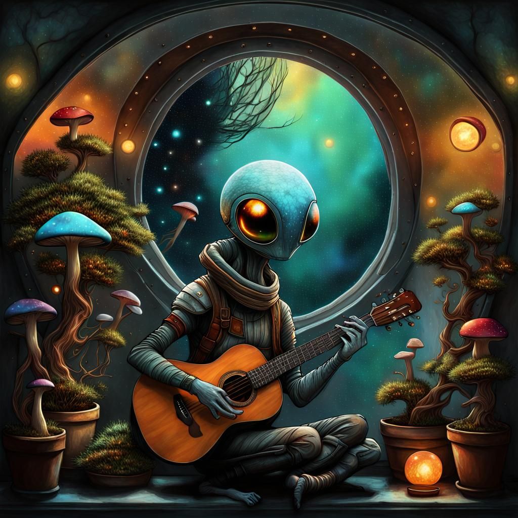 Lonely Alien's Spaceship Serenade: Digital Collage Art