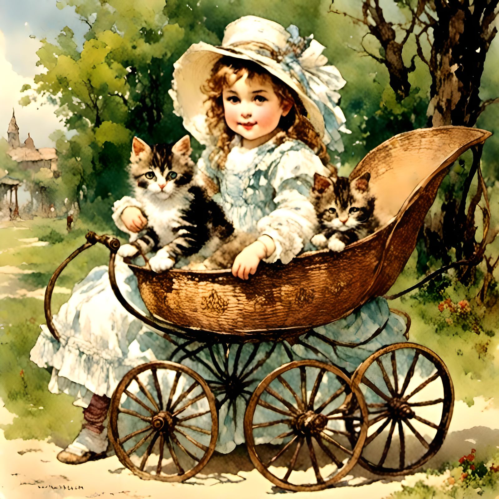 Victorian Kitten in Park with Carriage, Digital Art