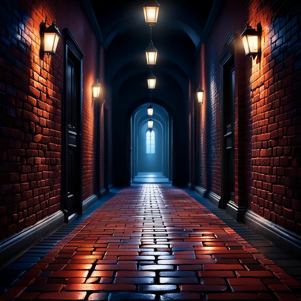 Whimsical Corridor Illustration in Dark Art Style