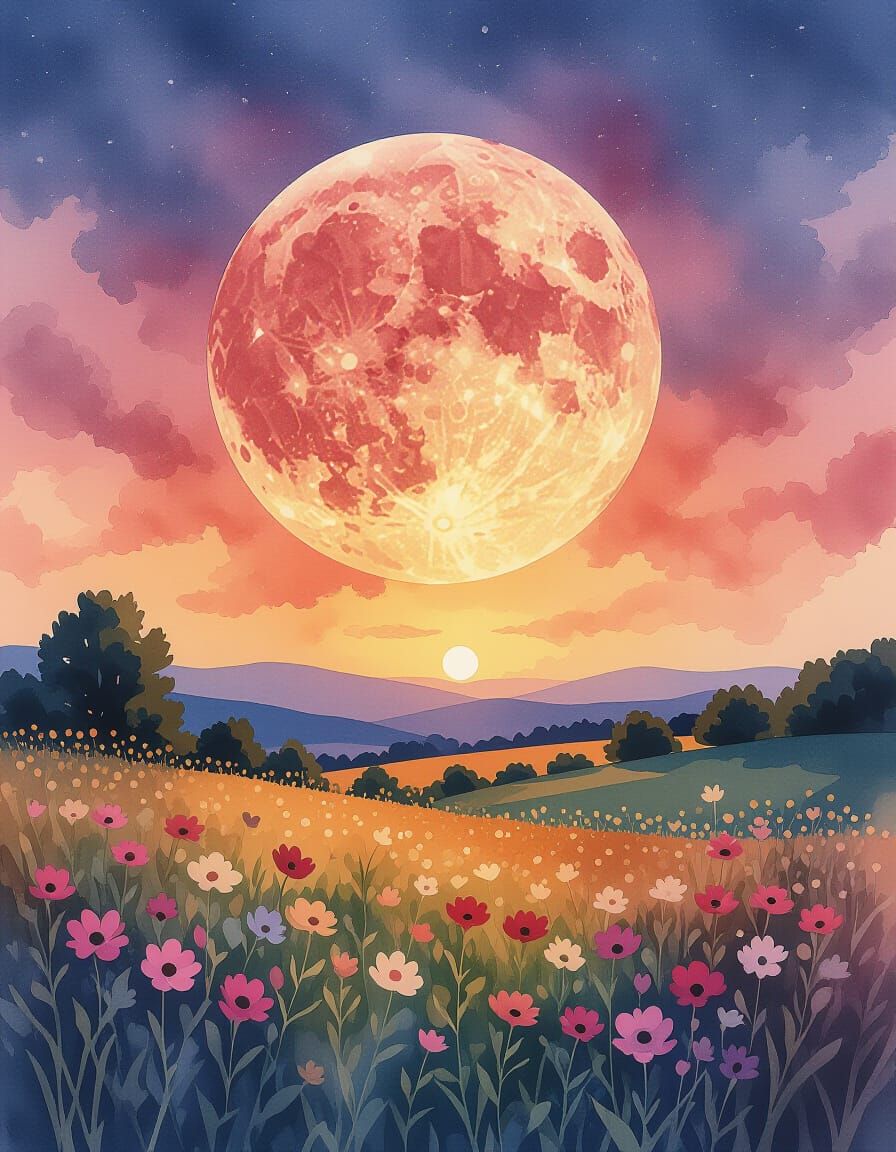 Summerscape Sunset in Digital Watercolor Style