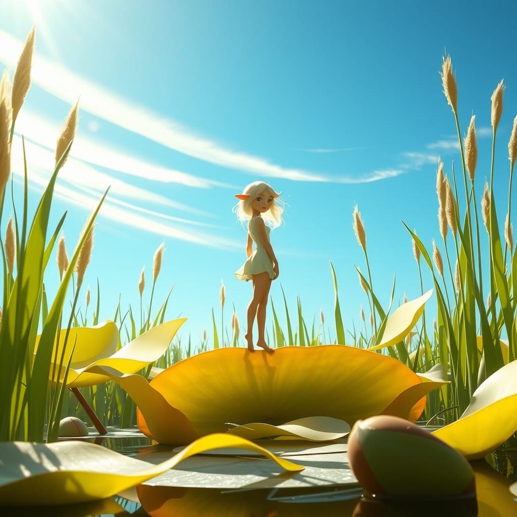 Thumbelina on Water Lily in Dreamy Pastel Hues