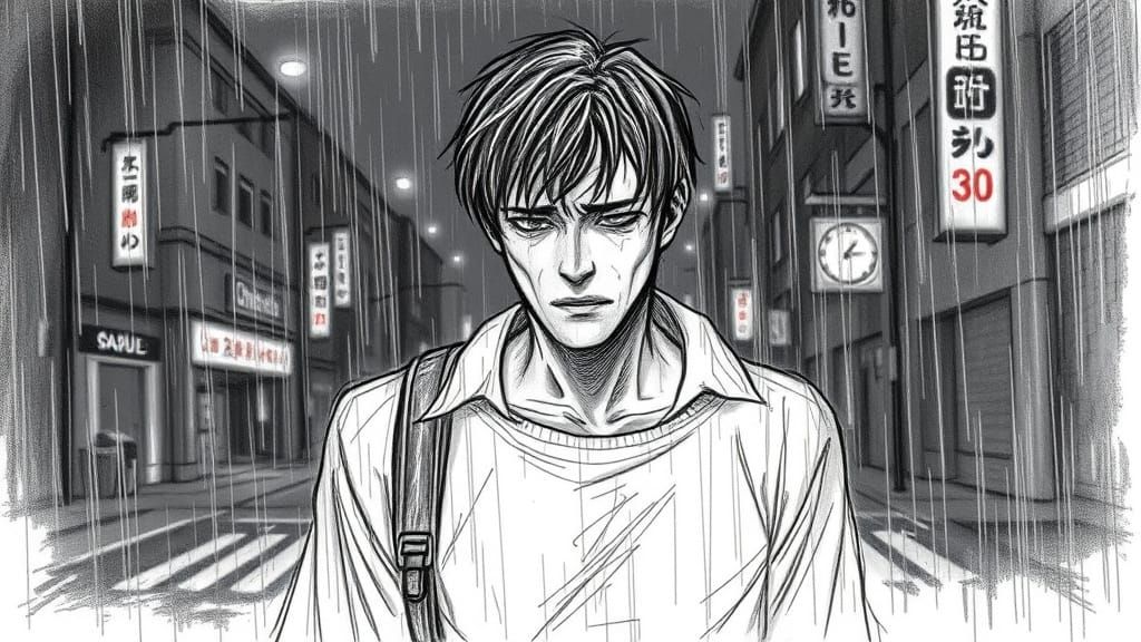 Melancholic Man Walks in Rainy City, Pencil Sketch