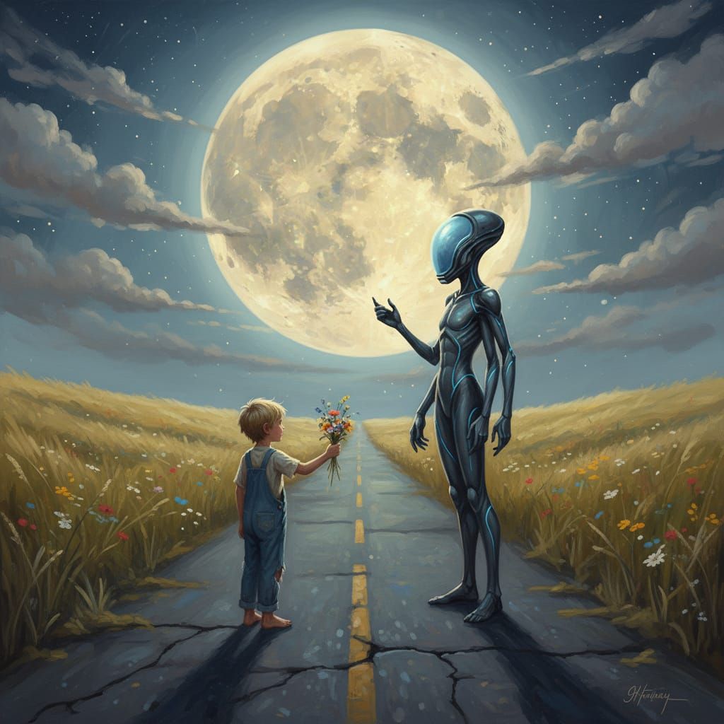 Boy Offers Flowers to Alien Under Full Moon in Dreamy Oil Pa...