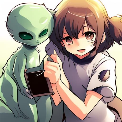Alien Petting Cat in Anime Style