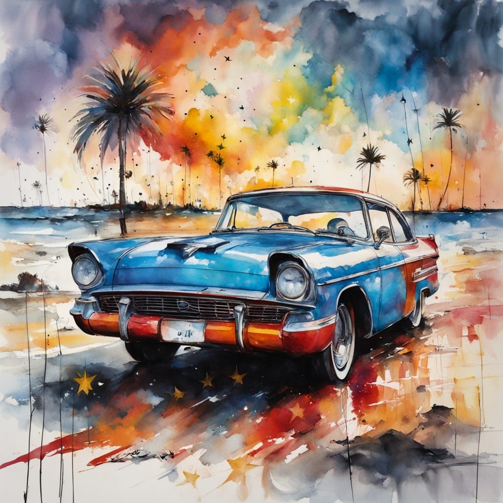 Cartoon Car on Beach, Watercolor Painting