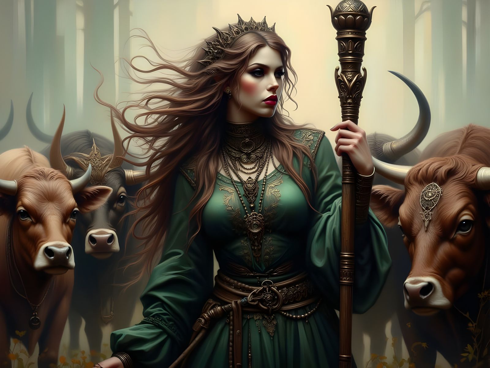 Norse Goddess Gefjun in Romantic Goth Oil Painting Style