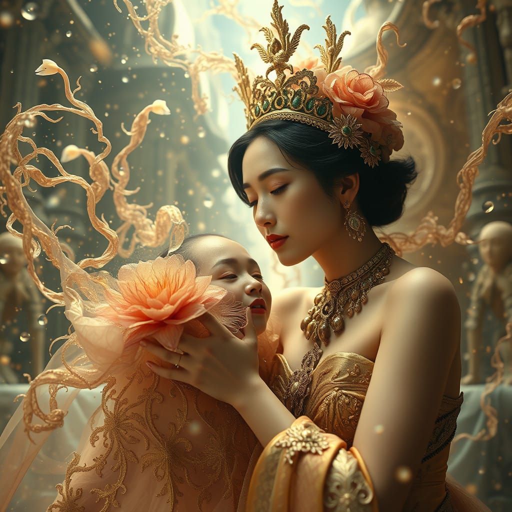 Elegantly Distorted Newborn in Love-Filled Warp, Rendered in...