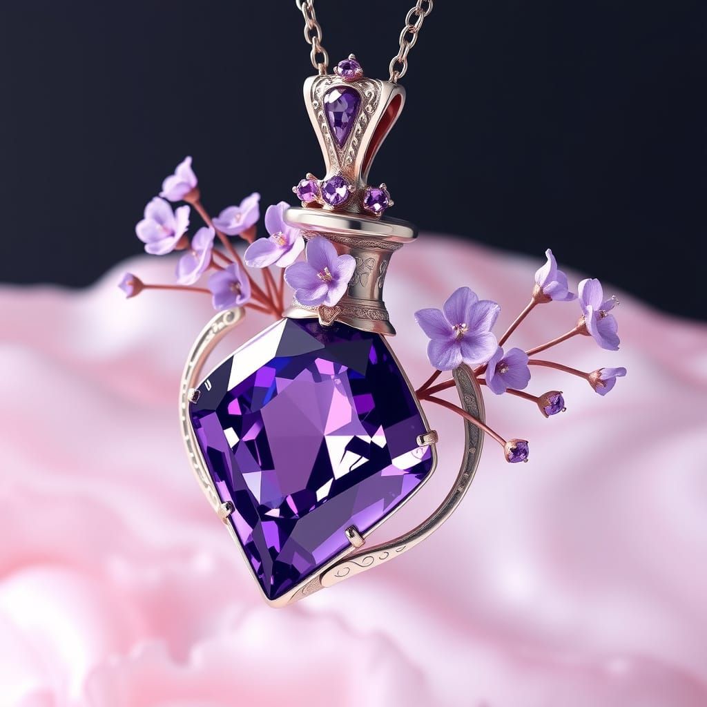 Exquisite White Gold Flower Vase Pendant with Amethyst and E...