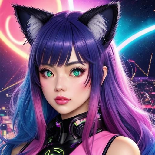 Anime Cat-Eared Girl with Luminescent Eyes in Synthwave Styl...