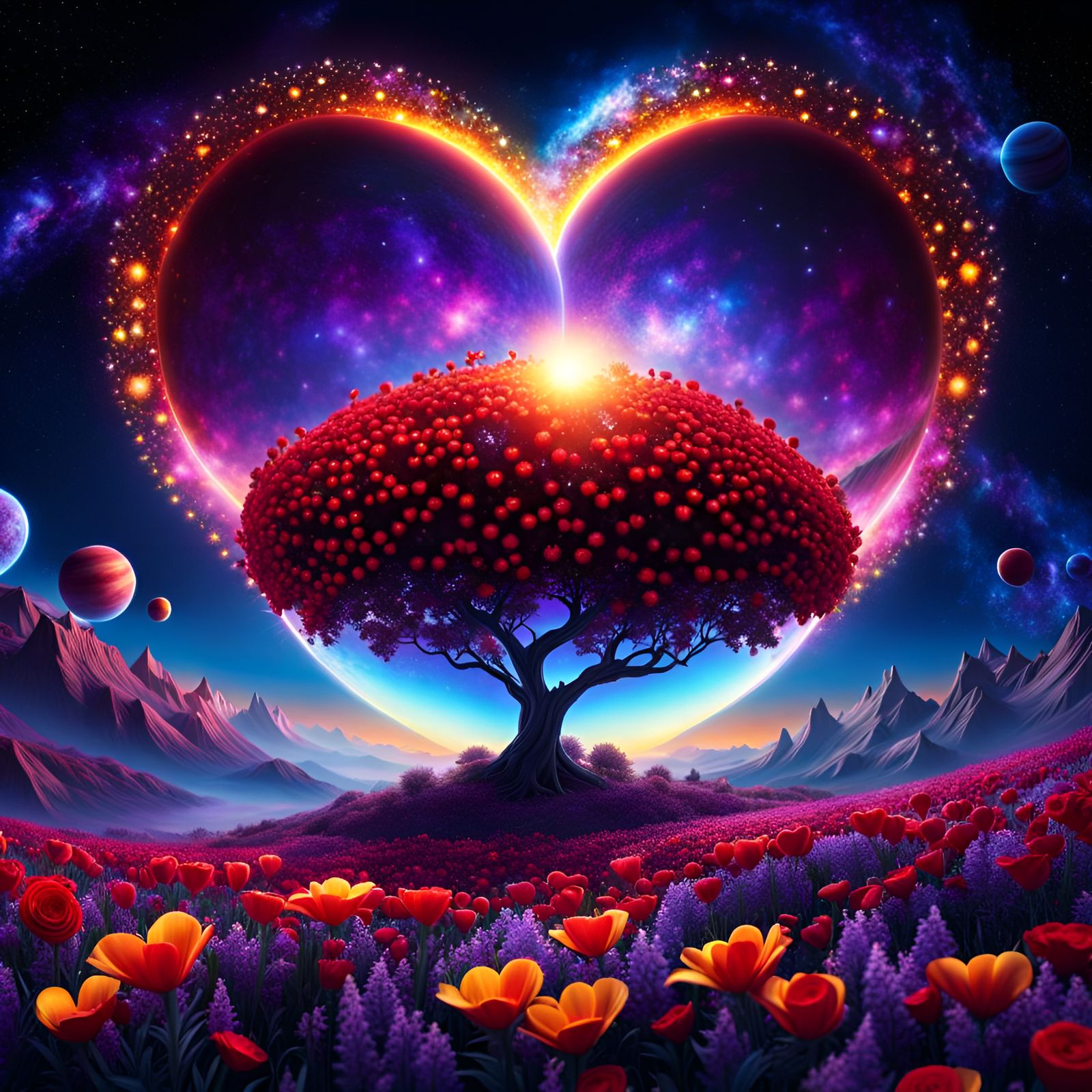 Intricate Glowing Flowers and Heart Planets in Starry Sky