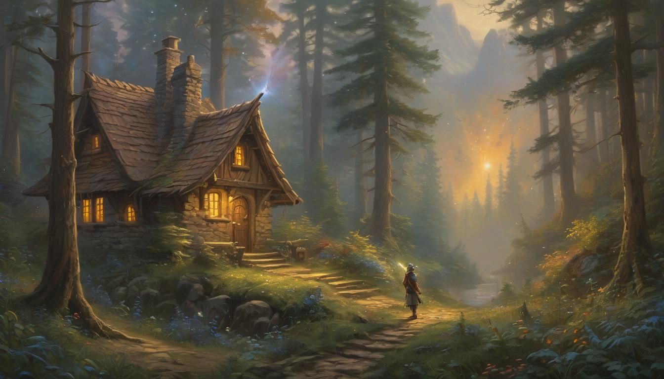 Ethereal Fantasy Adventurer in Glowing Forest Oil Painting